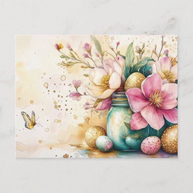 Aquarell Oster Postkarte mit Ostereiern und Blumen (Vorderseite)