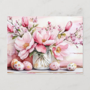 Aquarell Oster Postkarte mit Ostereiern und Blumen