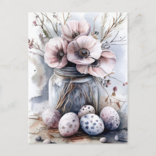 Aquarell Oster Postkarte mit Ostereiern und Blumen
