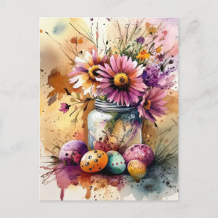 Aquarell Oster Postkarte mit Ostereiern und Blumen