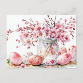 Aquarell Oster Postkarte mit Ostereiern und Blumen