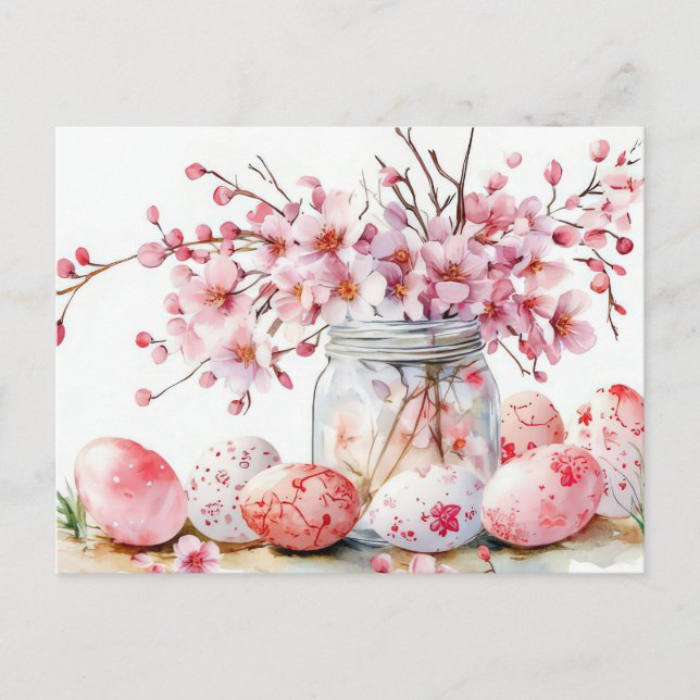 Aquarell Oster Postkarte mit Ostereiern und Blumen (Vorderseite)