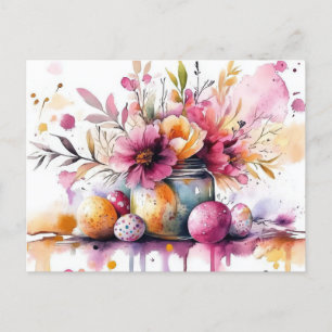 Aquarell Oster Postkarte mit Ostereiern und Blumen