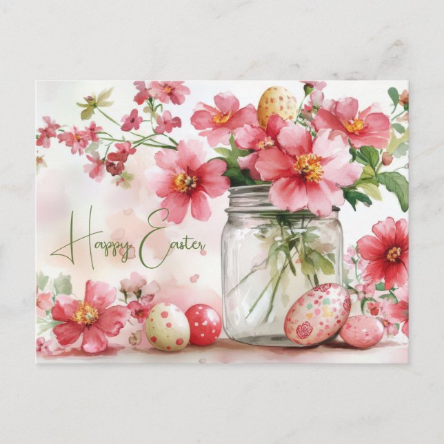 Aquarell Oster Postkarte mit Ostereiern und Blumen (Vorderseite)