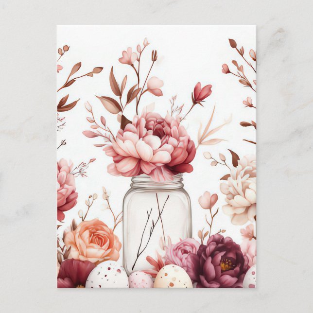 Aquarell Oster Postkarte mit Ostereiern und Blumen (Vorderseite)