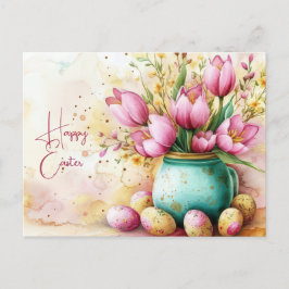 Aquarell Oster Postkarte mit Ostereiern und Blumen