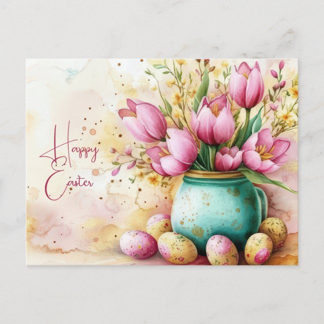 Aquarell Oster Postkarte mit Ostereiern und Blumen (Vorderseite)