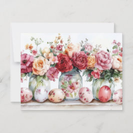 Aquarell Oster Postkarte mit Ostereiern und Blumen