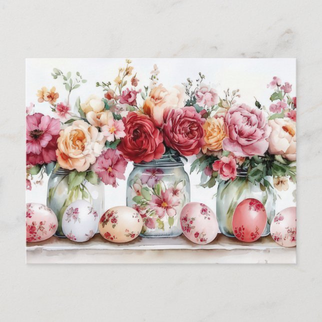 Aquarell Oster Postkarte mit Ostereiern und Blumen (Vorderseite)