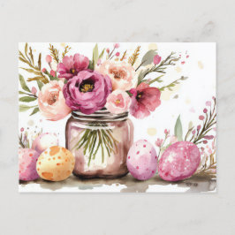 Aquarell Oster Postkarte mit Ostereiern und Blumen