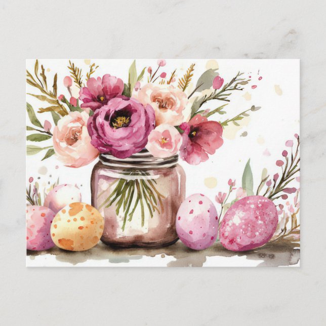 Aquarell Oster Postkarte mit Ostereiern und Blumen (Vorderseite)