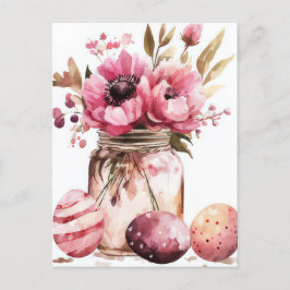 Aquarell Oster Postkarte mit Ostereiern und Blumen