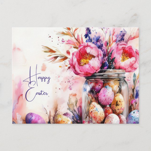 Aquarell Oster Postkarte mit Ostereiern und Blumen (Vorderseite)