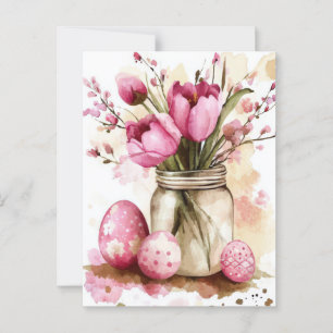 Aquarell Oster Postkarte mit Ostereiern und Blumen