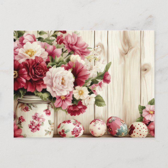 Aquarell Oster Postkarte mit Ostereiern und Blumen (Vorderseite)