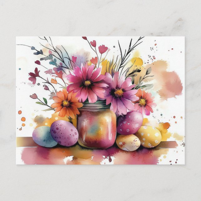 Aquarell Oster Postkarte mit Ostereiern und Blumen (Vorderseite)