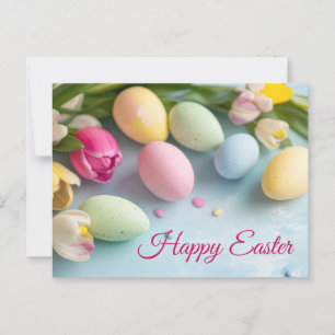 Aquarell Oster Postkarte mit Ostereiern und Tulpen