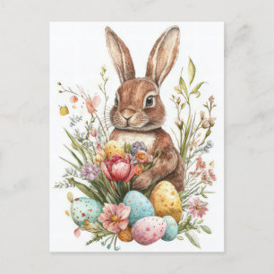 Aquarell Oster Postkarte mit Osterhase und Blumen