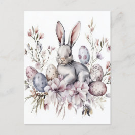 Aquarell Oster Postkarte mit Osterhase und Blumen