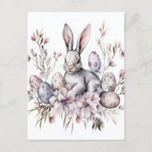 Aquarell Oster Postkarte mit Osterhase und Blumen