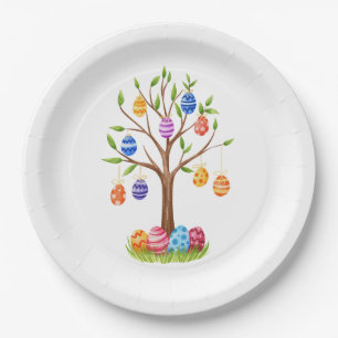 Aquarell-Osterbaum mit hängenden verzierten Eiern Pappteller