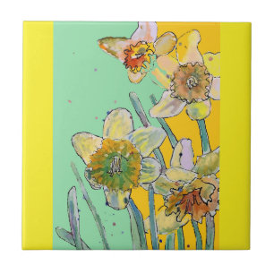 Aquarell-Osterglocken-Blume-Blumen-Aqua-Gelb Fliese