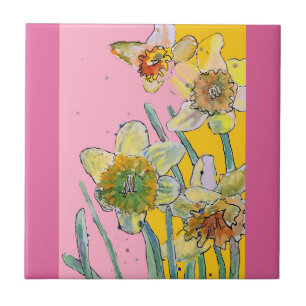 Aquarell-Osterglocken-Blume-Blumen-Pink-Gelb Fliese