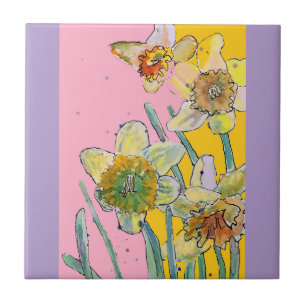 Aquarell-Osterglocken-Blume Blüten Pink Gelb Fliese