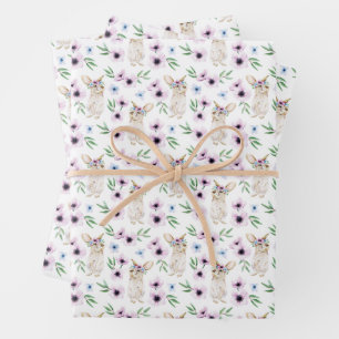 Aquarell-Osterhase-Blumenmuster-Geschenk Weiß Geschenkpapier Set