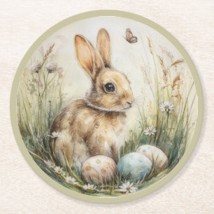 Aquarell-Osterhase-Frühlingswiese-Blumenkunst Runder Pappuntersetzer