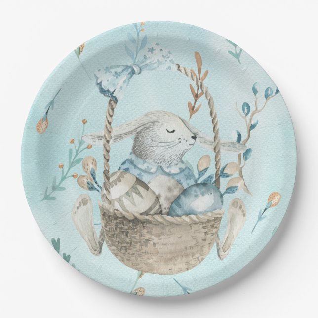 Aquarell-Osterhasen-Eier-Korb Pappteller (Vorderseite)
