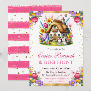 Aquarell-Osterhasen-Haus Frühstück zu Ostern Einladung