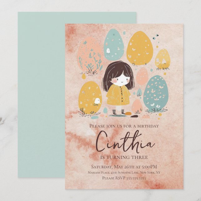 Aquarell Osterpasta Kleinkind Mädchen Geburtstag Einladung (Vorne/Hinten)