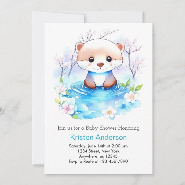 Aquarell Otter Blue Floral Boy Baby Dusche Einladung (Vorderseite)