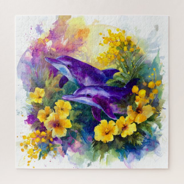Aquarell-Ozean-Delfine-tropische-Blumen (Vertikal)