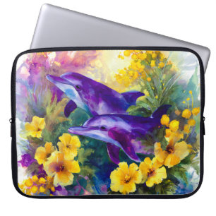 Aquarell-Ozean-Delfine-Tropische Blumen Laptopschutzhülle