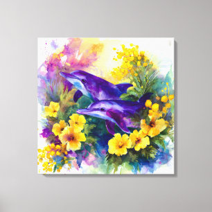 Aquarell-Ozean-Delfine-Tropische-Blumen Leinwanddruck