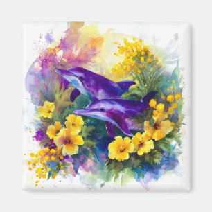 Aquarell-Ozean-Delfine Tropische Blumen Magnet