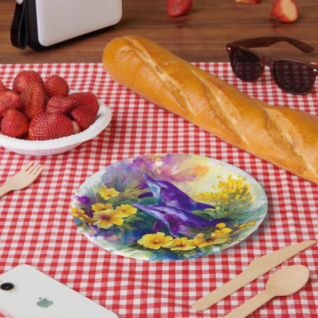Aquarell-Ozean-Delfine-tropische Blumen Pappteller (Picknick)
