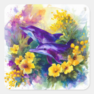 Aquarell-Ozean-Delfine-tropische Blumen Quadratischer Aufkleber