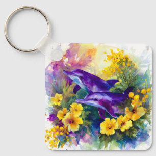 Aquarell-Ozean-Delfine-tropische-Blumen Schlüsselanhänger