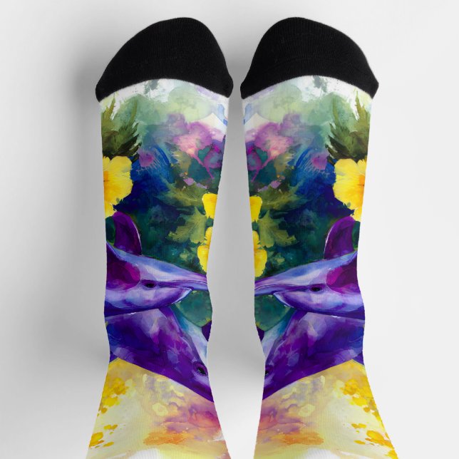 Aquarell-Ozean-Delfine Tropische Blumen Socken (Oben)
