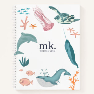 Aquarell-Ozean-Meeres-Tiere-Monogramm  Notizbuch