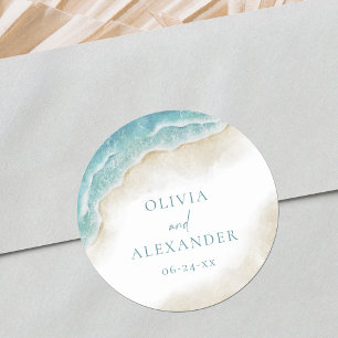Aquarell-Ozean-Sommer-Strand-Hochzeit Runder Aufkleber