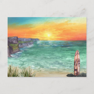 Aquarell-Ozean-Sonnenuntergang   Vintage-Reisepost Postkarte