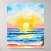 Aquarell-Ozean-Sonnenuntergangs-Poster Sanftes gol