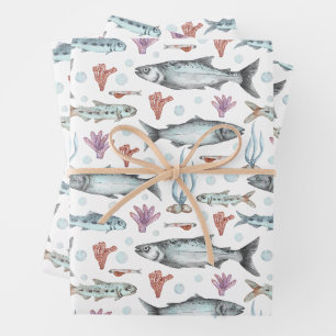 Aquarell-Ozeanfische, Korallen und Seetang  Geschenkpapier Set