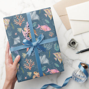 Aquarell-Ozeanleben Texturiert Dunkelblau Geschenkpapier
