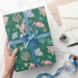 Aquarell-Ozeanleben Texturiert Dunkelgrün Geschenkpapier