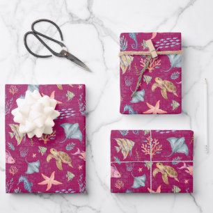 Aquarell-Ozeanleben Texturiert Dunkelrosa Geschenkpapier Set